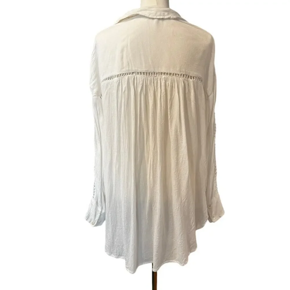 Free People Katie Bird Crochet Blouse Oversized Boho Peasant Top White Large